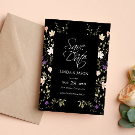 Elegante Zwarte Wilde Bloemen Trouwkaart Save The Kaart