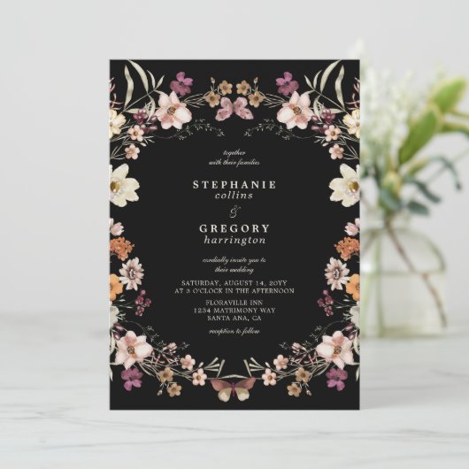 Elegante zwarte Wildflower bruiloft Kaart (Staand voorkant)