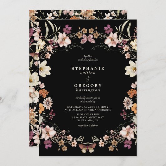 Elegante zwarte Wildflower bruiloft Kaart (Voorkant / Achterkant)