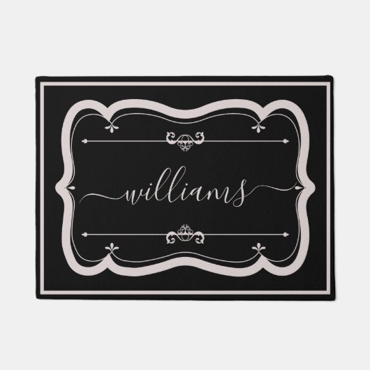 Elegante Zwarte Witte Aangepaste Versierde Script Deurmat (Voorkant)