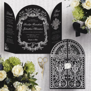 Elegante Zwarte Witte Barokke Boog Poort Trouwfees Drieluik Uitnodiging