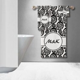 Elegante Zwarte Witte beginletters Botanische Vare Bad Handdoek