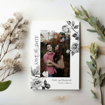 Elegante Zwarte & Witte Bloem Foto Save The Date
