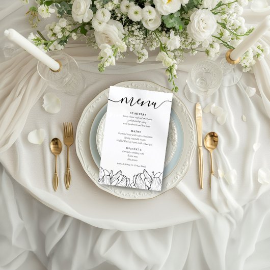Elegante Zwarte & Witte Bloemige Trouwmenu