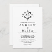 Elegante zwarte & witte crest monogram bruiloft  kaart (Voorkant / Achterkant)