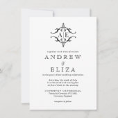 Elegante zwarte & witte crest monogram bruiloft kaart (Voorkant)