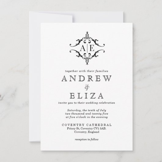 Elegante zwarte & witte crest monogram bruiloft  kaart (Voorkant)