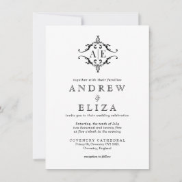 Elegante zwarte & witte crest monogram bruiloft  kaart