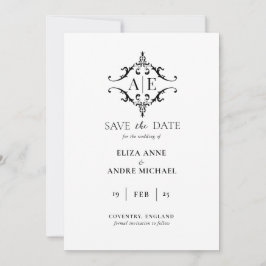 Elegante zwarte & witte crest monogram bruiloft  save the date