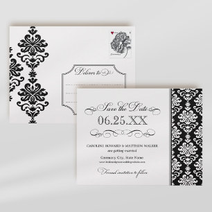 Elegante Zwarte Witte Damast Bloemwerk Huwelijk Aankondigingskaart