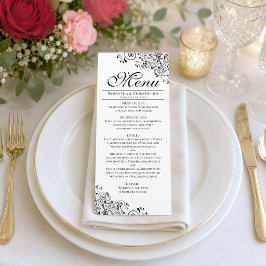 Elegante Zwarte & Witte Decoratieve Hoeken Huwelij Menu