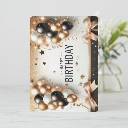 Elegante zwarte witte en gouden ballonnen Happy Bi Kaart (Staand voorkant)