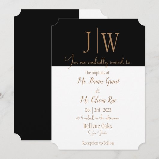 Elegante zwarte, witte en gouden huwelijksuitnodig kaart (Voorkant / Achterkant)