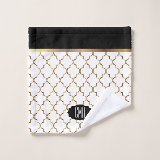Elegante zwarte, witte en gouden Quatrefoil Patron Bad Handdoek (Wasdoekje)