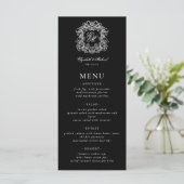 Elegante Zwarte Witte Formele Monogram Wapen Huwel Menu (Staand voorkant)