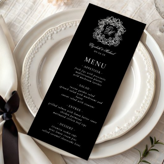 Elegante Zwarte Witte Formele Monogram Wapen Huwel Menu