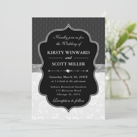 Elegante Zwarte Witte Frame Bloemige Bruiloft Kaart (Staand voorkant)