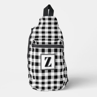 Elegante zwarte witte geruite monogram op maat gem sling bag