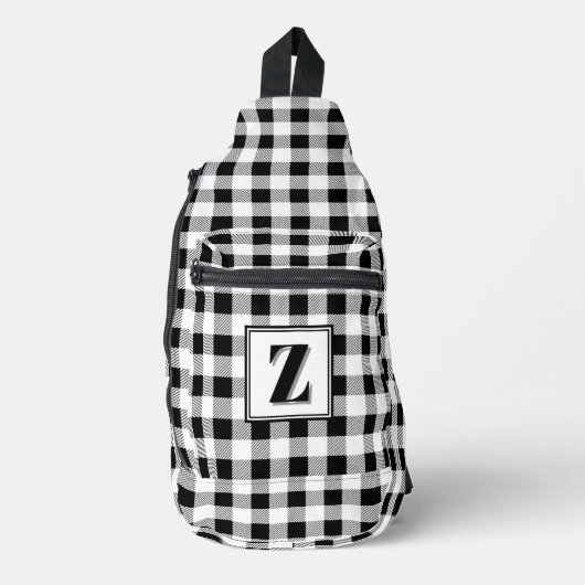 Elegante zwarte witte geruite monogram op maat gem sling bag (Voorkant)