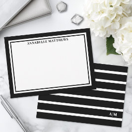 Elegante Zwarte Witte Gestreepte Monogram Notitiekaartje