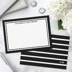 Elegante Zwarte Witte Gestreepte Monogram Notitiekaartje