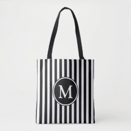 Elegante zwarte witte gestreepte monogram tote bag