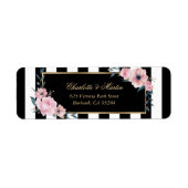 Elegante zwarte witte gestreepte roze bloemenlabel etiket (Voorkant)