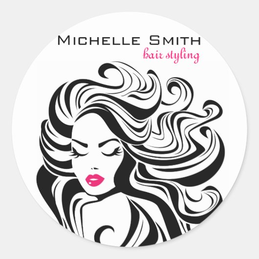 Elegante Zwarte Witte Golvende Kapsel Haar Extensi Ronde Sticker (Voorkant)