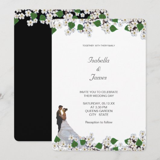Elegante Zwarte & Witte Jasmin Bloem Bruiloft Kaart (Voorkant / Achterkant)