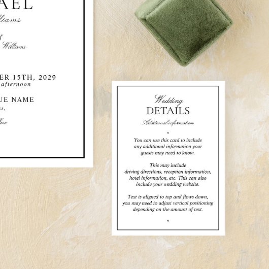 Elegante Zwarte Witte Klassieke Script Details Informatiekaartje