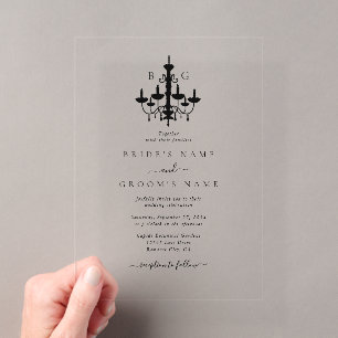 Elegante Zwarte Witte Kroonluchter Monogram Bruilo Acryl Uitnodigingen