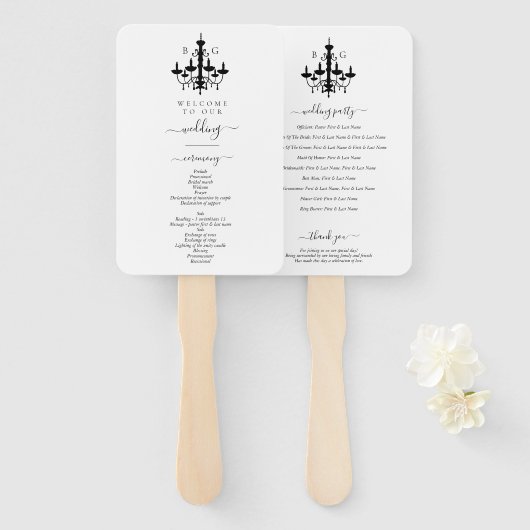 Elegante Zwarte Witte Kroonluchter Monogram Bruilo Handwaaier (Voorkant en achterkant)