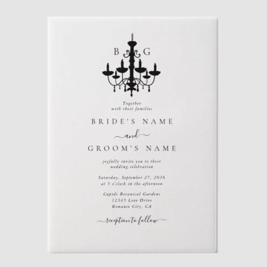 Elegante Zwarte Witte Kroonluchter Monogram Bruilo Vellum Uitnodigingen (Voorkant)