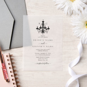 Elegante Zwarte Witte Kroonluchter Monogram Bruilo Vellum Uitnodigingen