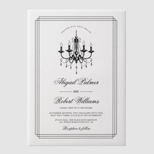 Elegante zwarte, witte kroonluchter Old Money brui Vellum Uitnodigingen (Voorkant)