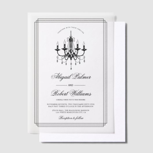 Elegante zwarte, witte kroonluchter Old Money brui Vellum Uitnodigingen (Offset)