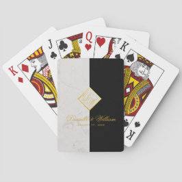 Elegante zwarte witte marmeren monogram gouden tro pokerkaarten