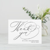 Elegante Zwarte Witte Moderne Script Bruiloft Bedankkaart (Staand voorkant)