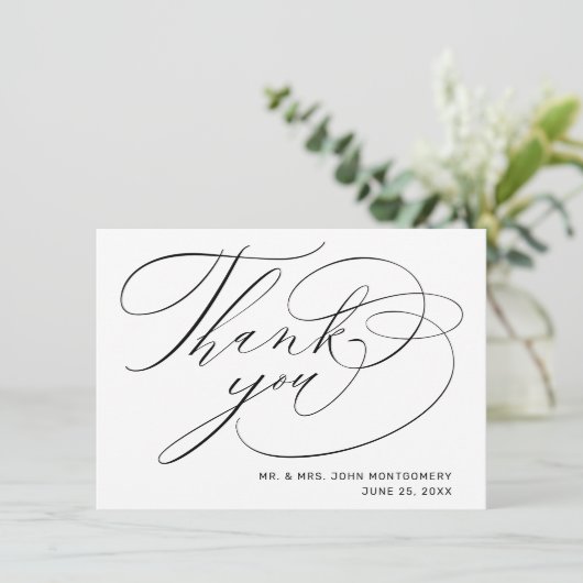 Elegante Zwarte Witte Moderne Script Bruiloft Bedankkaart (Staand voorkant)