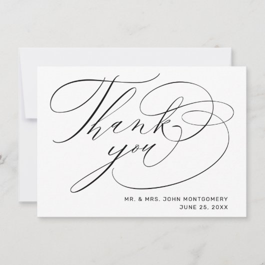 Elegante Zwarte Witte Moderne Script Bruiloft Bedankkaart (Voorkant)