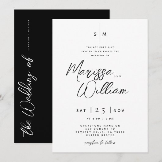 Elegante Zwarte & Witte Moderne Script Huwelijk Kaart (Voorkant / Achterkant)