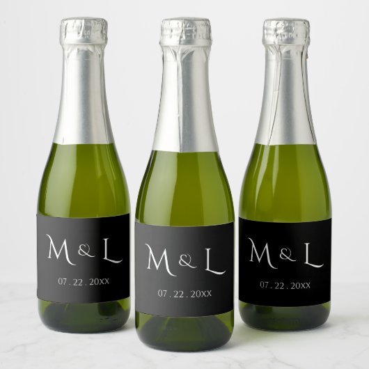 Elegante zwarte witte monogram & datum bruiloft  sparkling wijnetiket (Flessen)