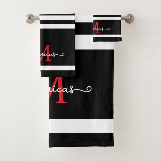 Elegante Zwarte Witte Monogram Gepersonaliseerde N Bad Handdoek (Insitu)