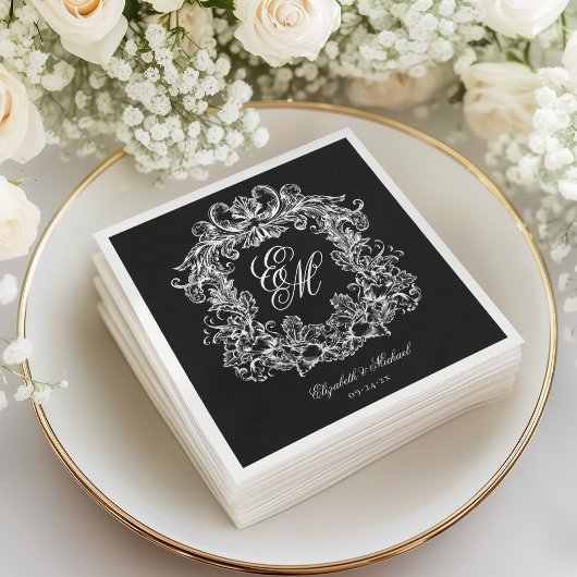 Elegante Zwarte Witte Monogram Kroon Script Bruilo Servet