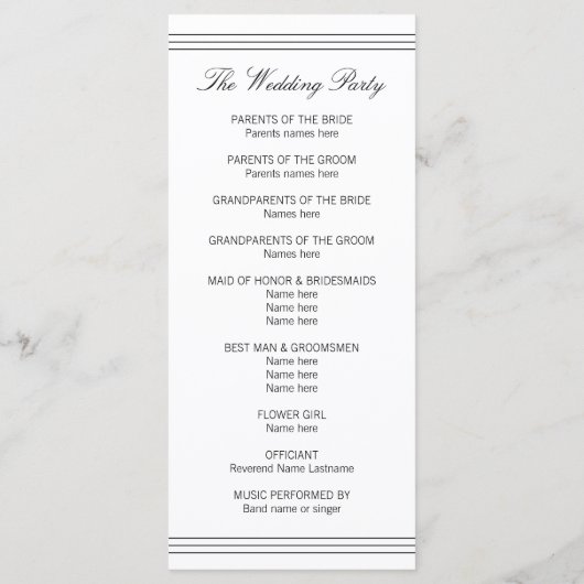 Elegante zwarte witte monogram programma kaartjes programmakaart (Achterkant)