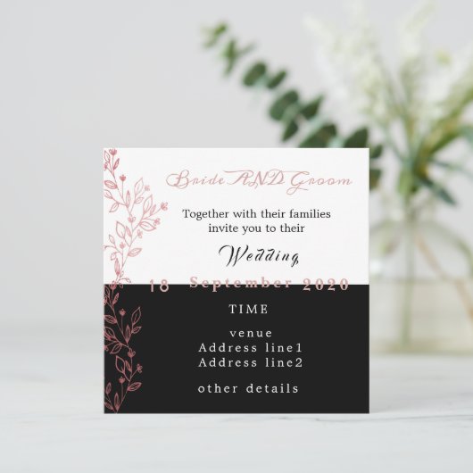 elegante zwarte witte roze bruiloft kaart (Staand voorkant)