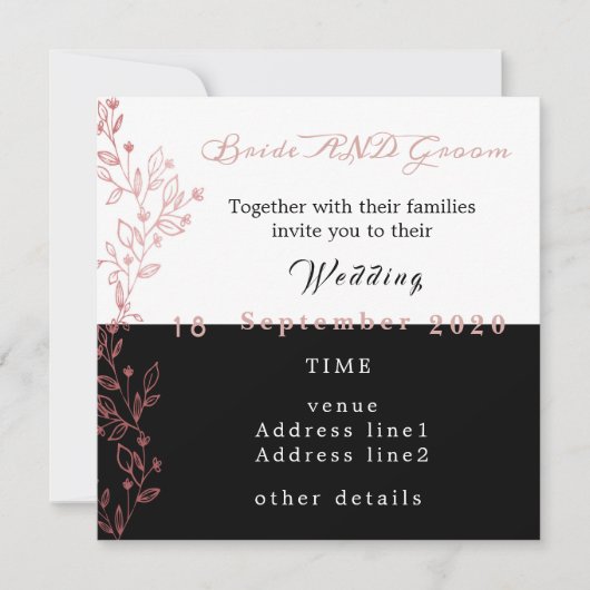 elegante zwarte witte roze bruiloft kaart (Voorkant)