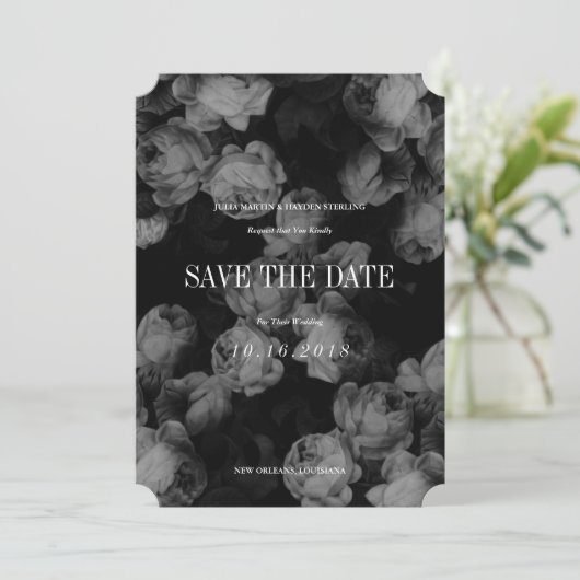 Elegante zwarte & witte rozen Save the Date-kaarte Save The Date (Staand voorkant)