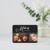 Elegante Zwarte Witte Script 3 Foto Make-up Visitekaartje (Staand voorkant)