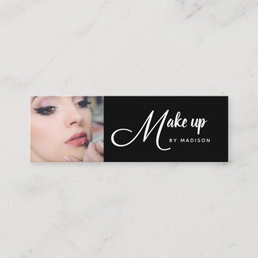 Elegante Zwarte Witte Script Foto Make-up Mini Visitekaartje (Voorkant)